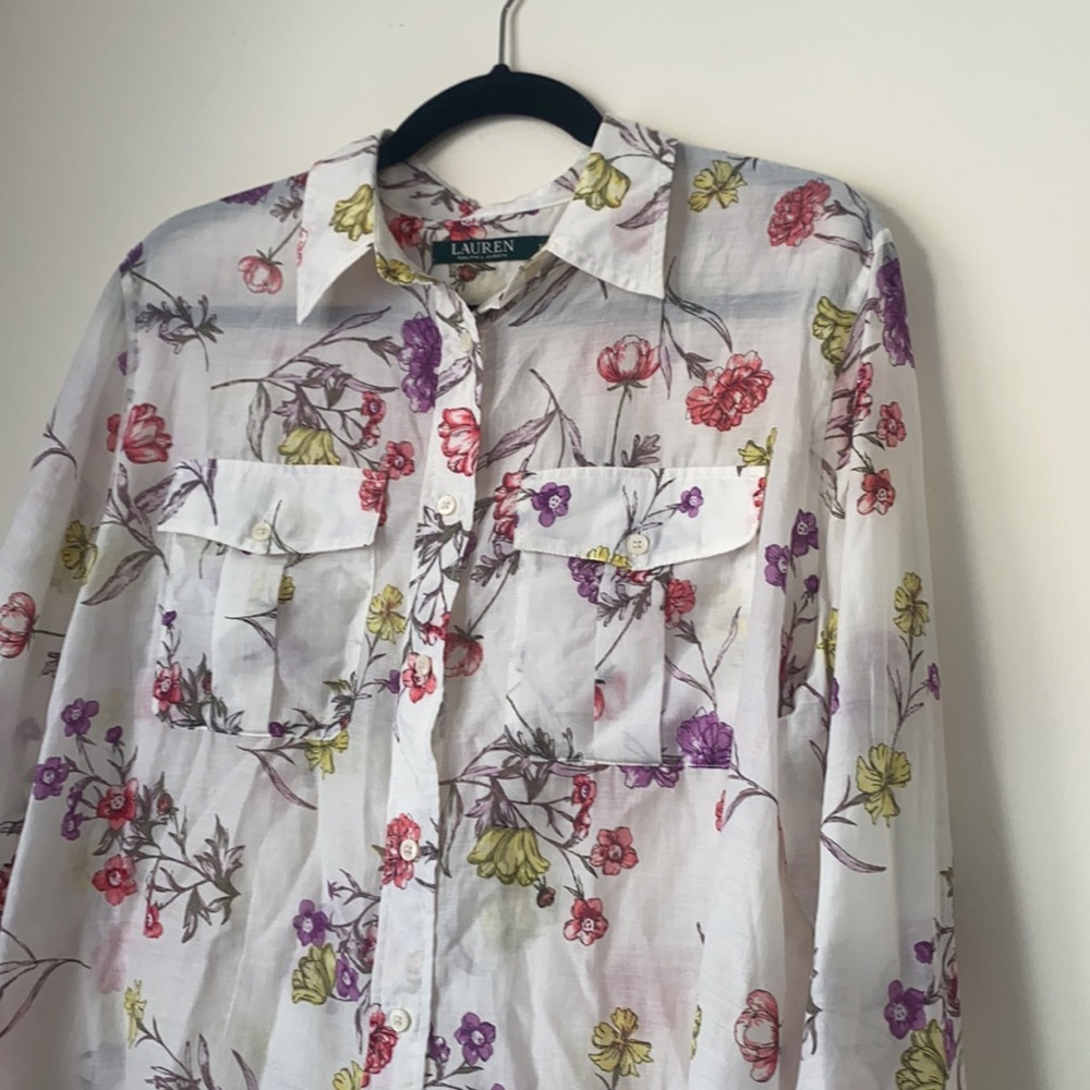Ralph Lauren Summer Floral Semi Sheer Long Sleeve Blouse - XL